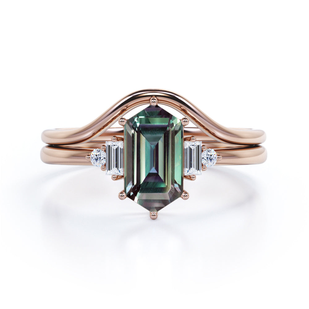 Artistic Prong 1.1 carat Hexagon shaped Alexandrite and diamond plain contoured bridal set in Rose gold