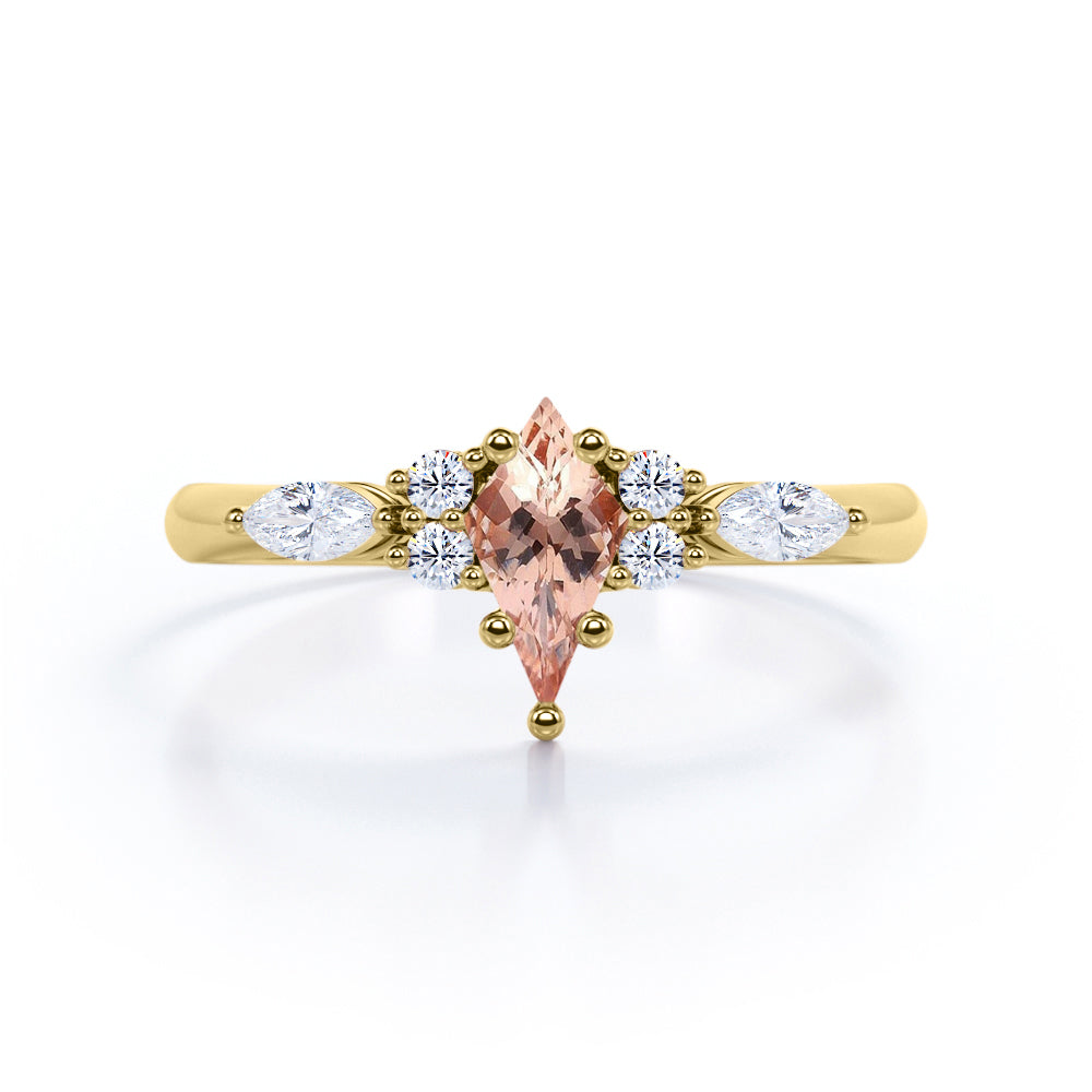 Trendy 1.25 carat Kite shaped Morganite and diamond button prong setting-seven stone promise ring for women in White gold