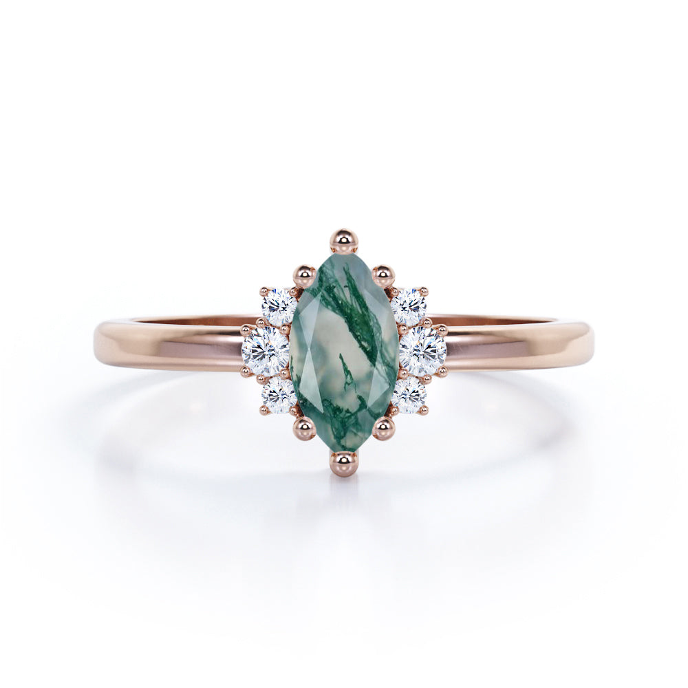 Floral 7 stones 1.25 carat Moss Agate and diamond engagement ring in Black gold