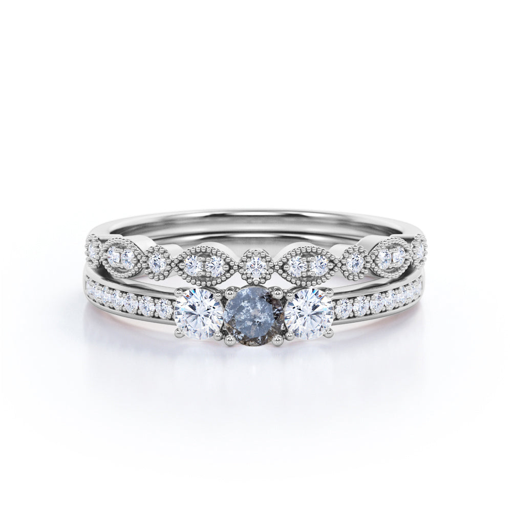 Channel trinity 0.8 carat Round cut Salt and pepper diamond and white diamond bridal wedding ring set in Yellow gold