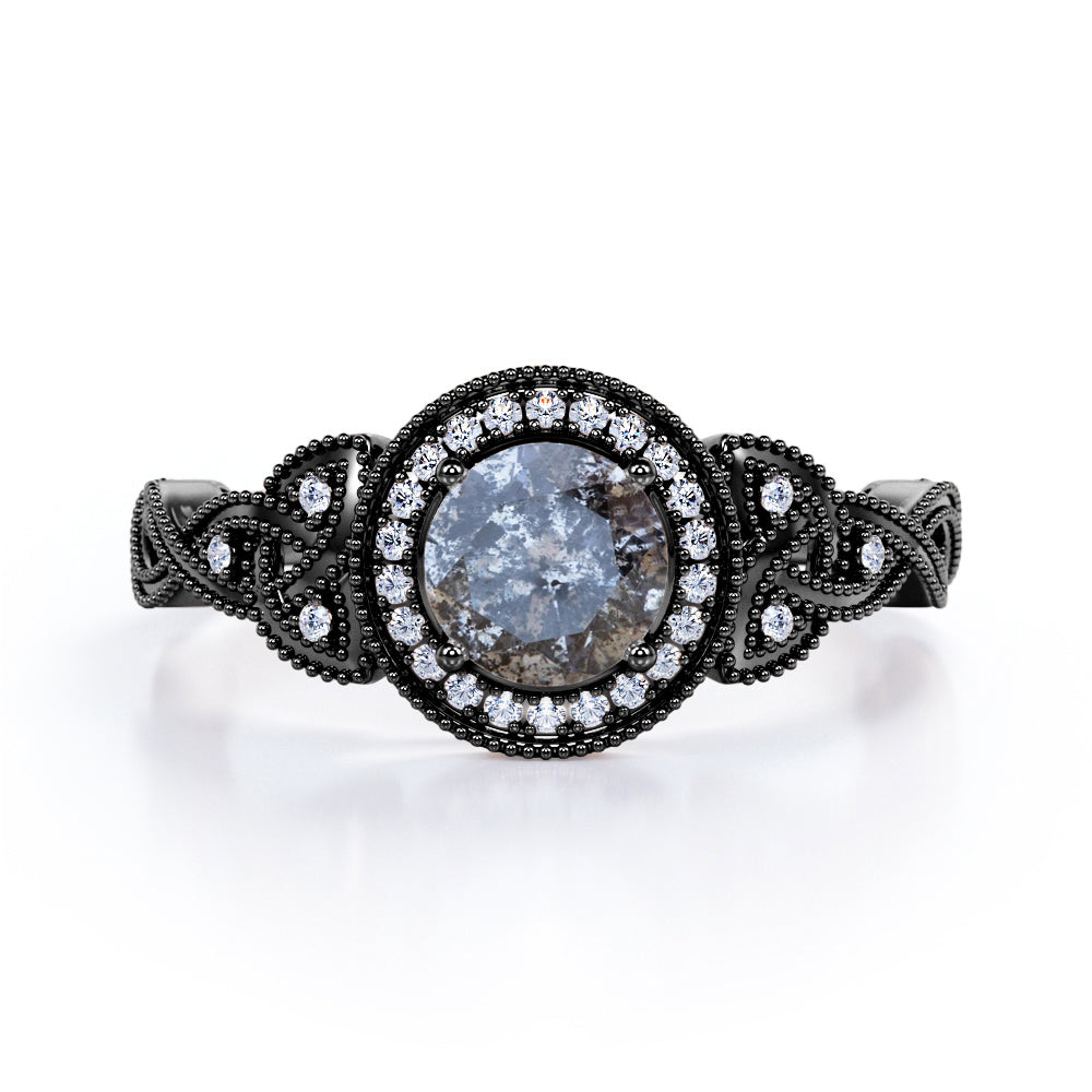 Twisted Vine inspired 0.75 carat Round cut Salt and pepper diamond and White diamond classic halo engagement ring in White gold