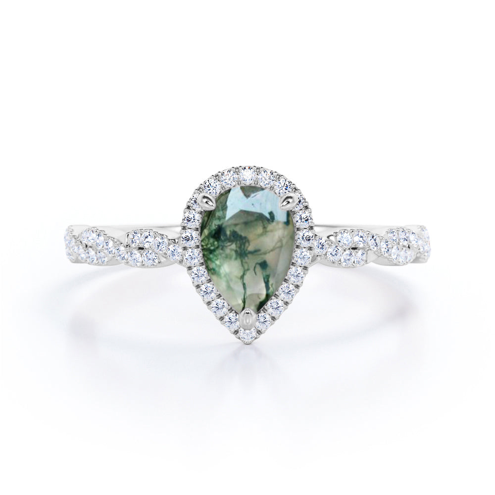 Stylish twisted style 1.5 carat Pear cut Moss Green Agate and diamond infinity halo engagement ring in Rose gold