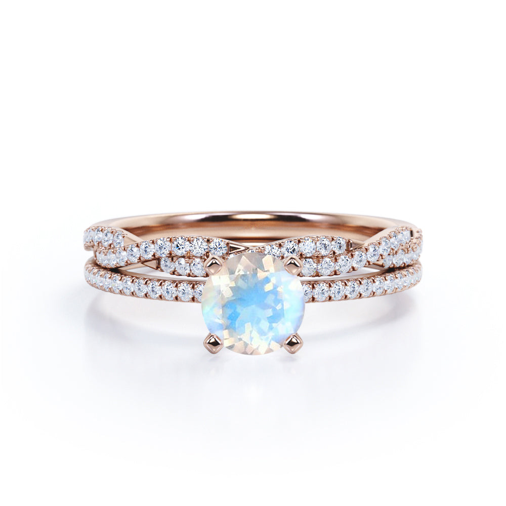 Classic 1.5 carat round cut Moonstone Wedding ring set with matching semi-infinity diamond wedding ring band in White gold