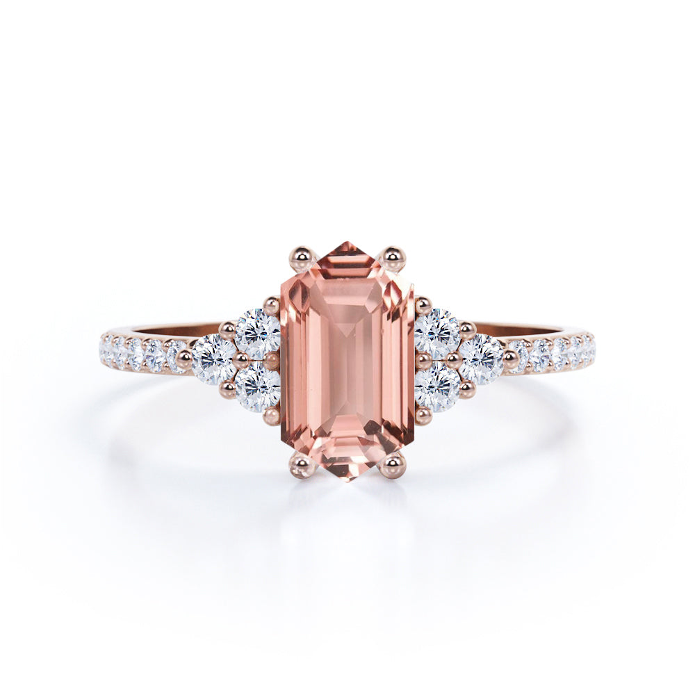 Elongated 1.5 carat Hexagon shaped Morganite and diamond pave eternity engagement ring in Black gold