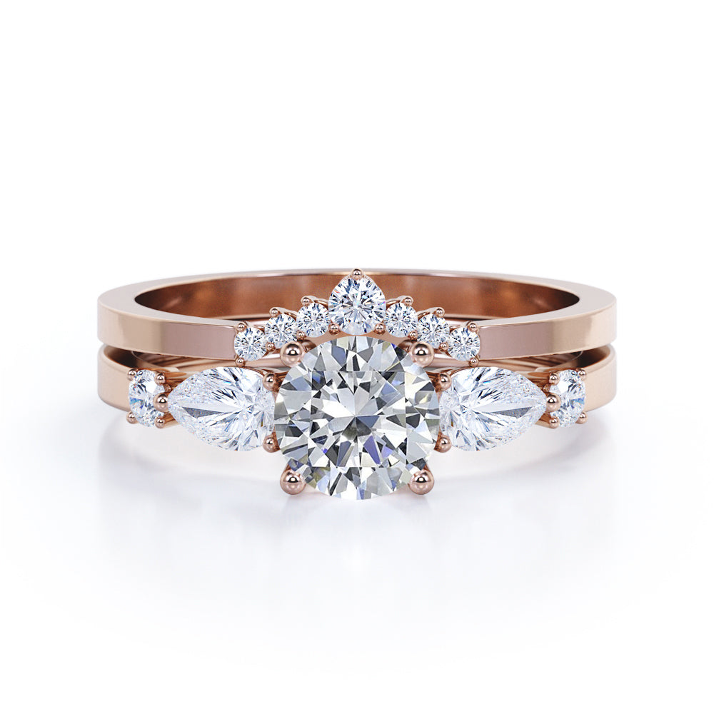 Vintage Tiara inspired 1.2 carat Round cut Moissanite and diamond wedding ring set in white gold