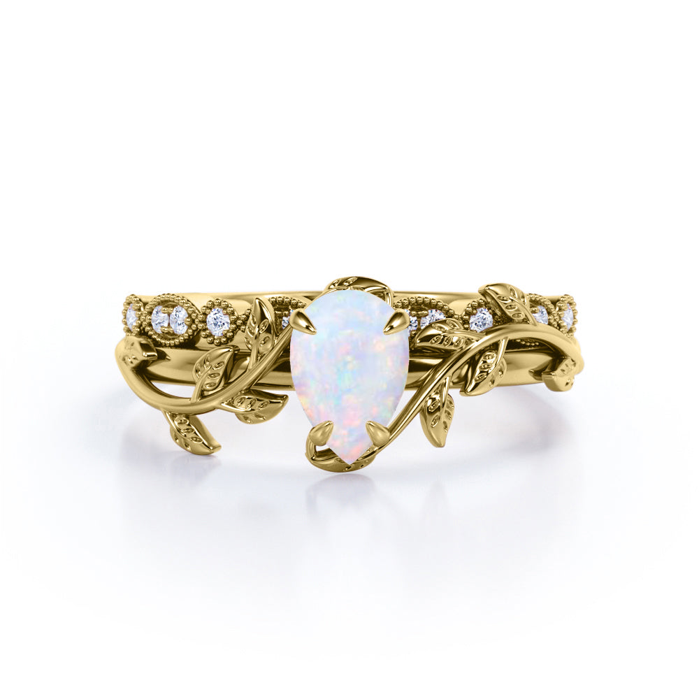 Art deco 1.15 carat Nature-inspired Pear cut Solid welo Opal with half-pave milgrain diamond Wedding ring set for women