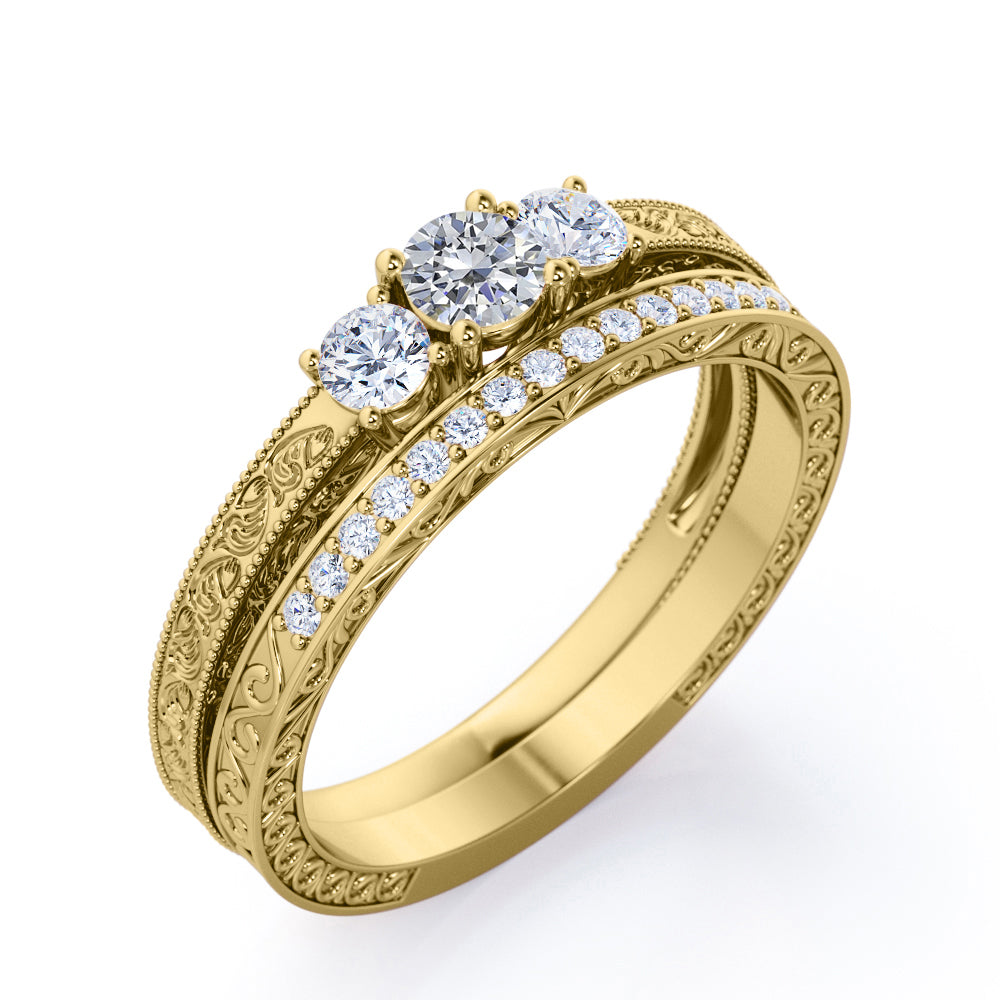 Unique Triple stone 0.72 carat Round Brilliant cut Diamond Milgrain Art-Deco Wedding Ring set in Gold
