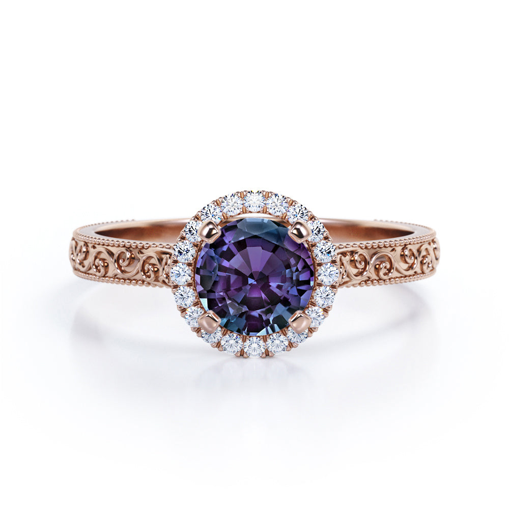 Artistic art deco 1.25 carat Round cut Alexandrite and diamond filigree and milgrain engagement ring in Black gold