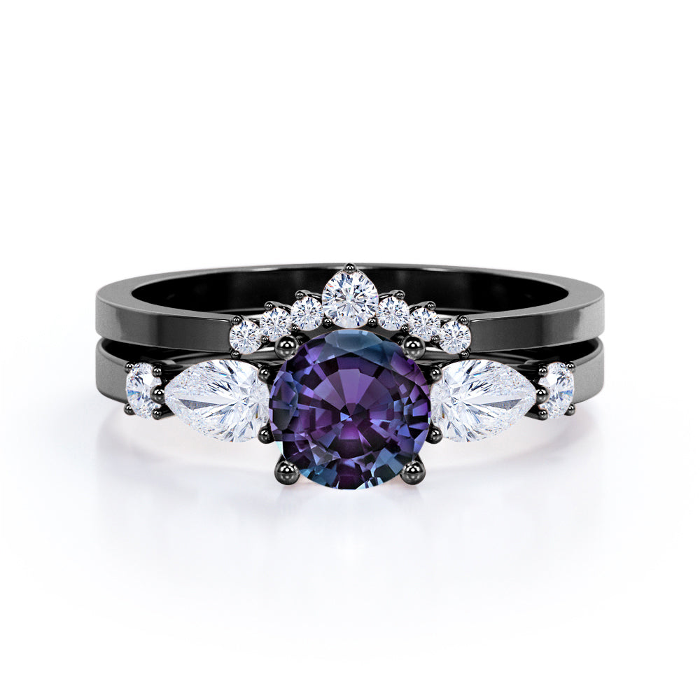 Modern Chevron 0.75 carat Round cut Lab created Alexandrite and diamond crown inspired wedding ring set in White gold