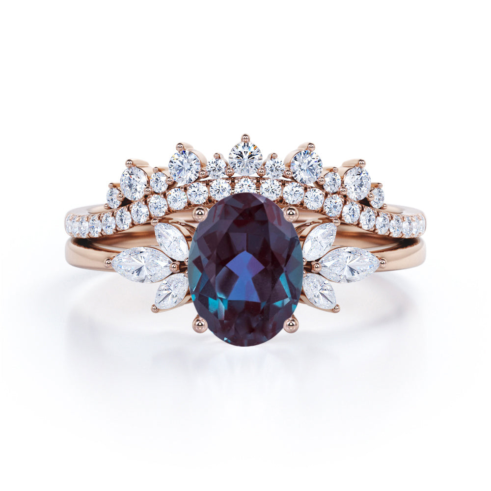 Exquisite Vintage inspired 1.5 carat Oval shaped Lab created Alexandrite and diamond chevron wedding ring set in Rose gold
