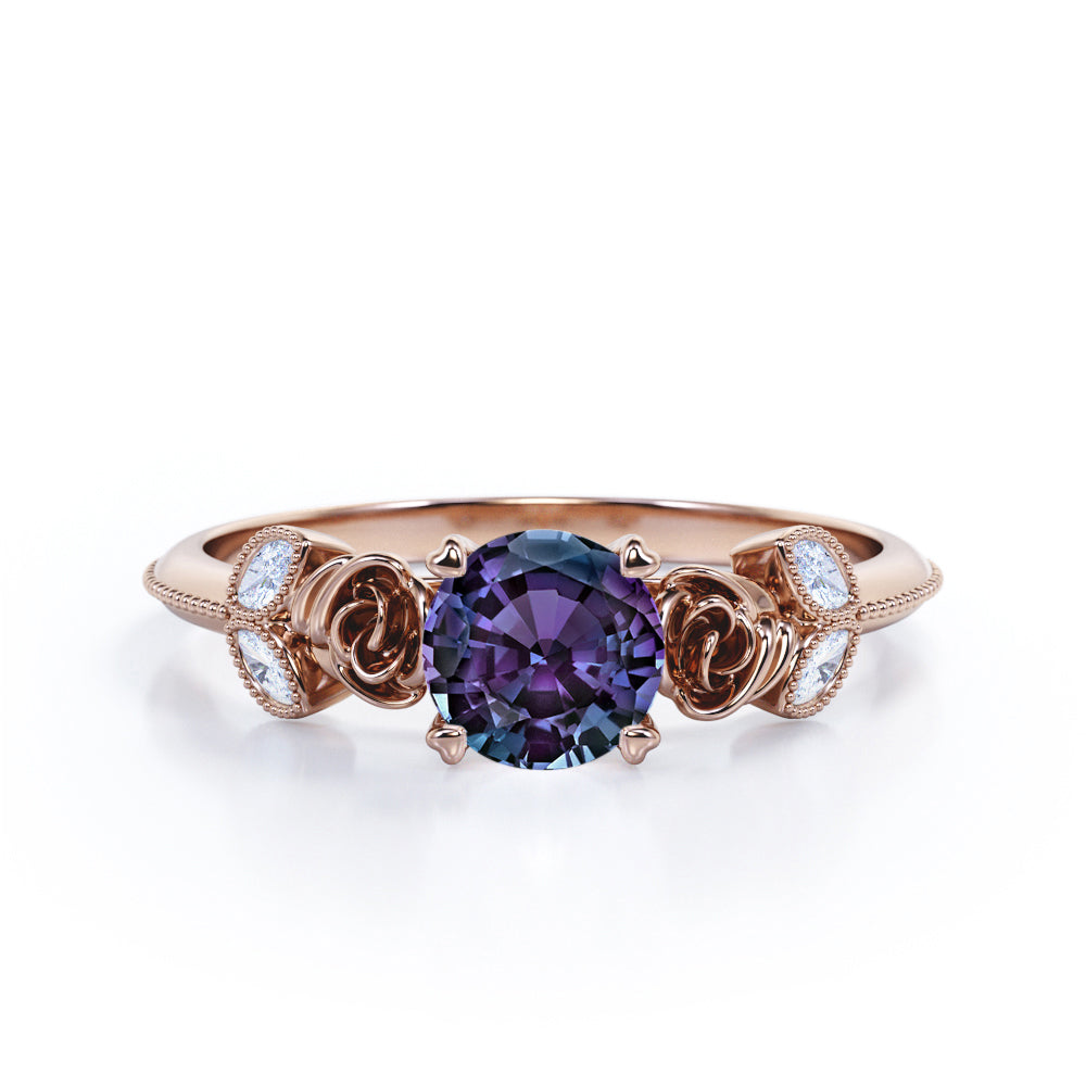 Vintage flowers 1.15 carat Round cut Lab created Alexandrite and diamond milgrain style engagement ring in White gold