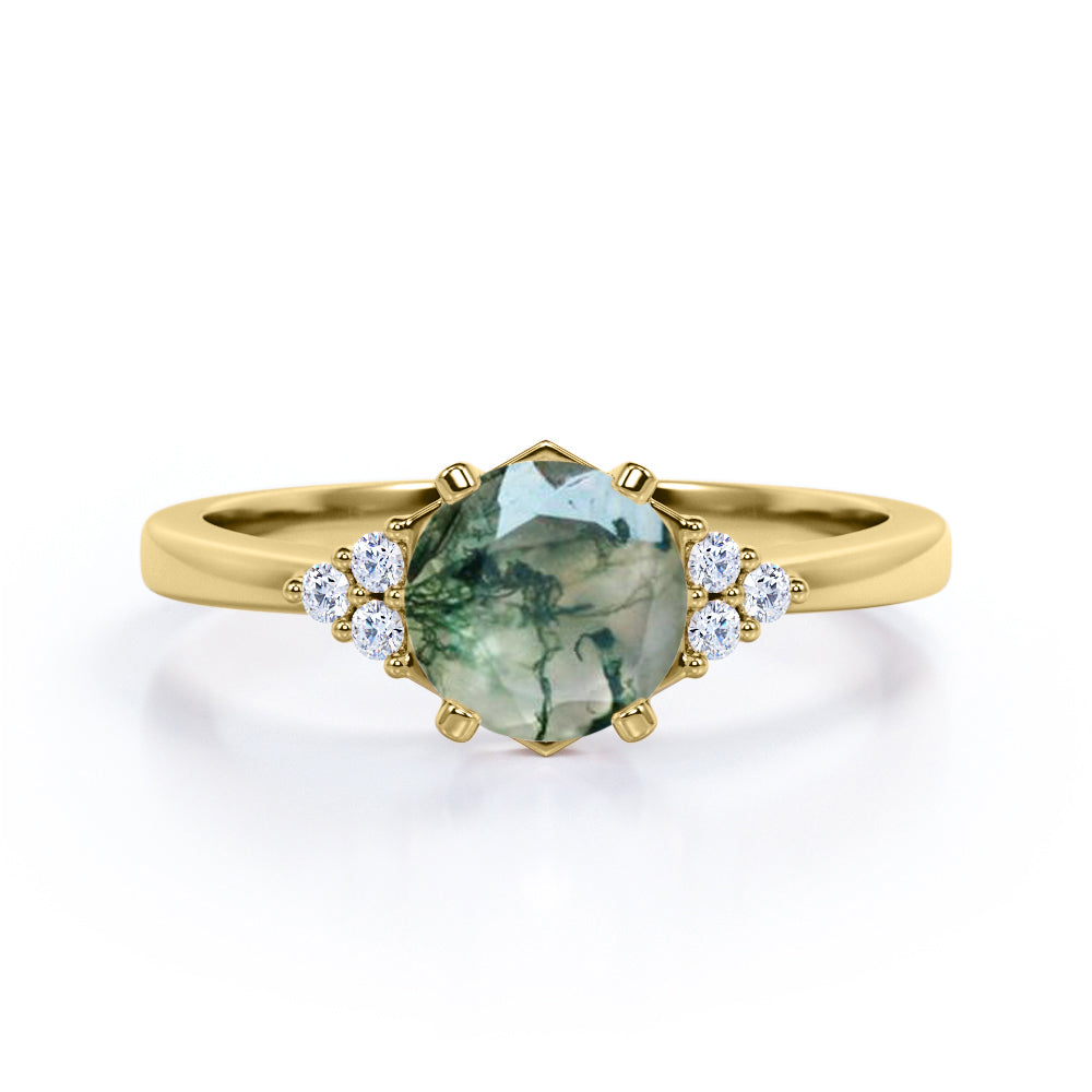 Tapered 7 stones 1.1 carat Round cut Moss Green Agate and diamond engagement ring in White gold