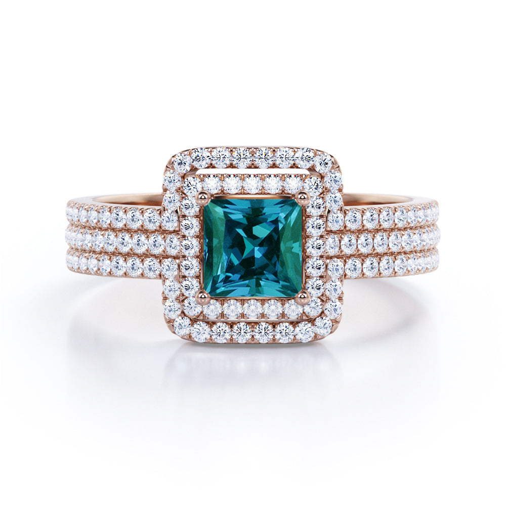 Elegant Eternity 1.75 carat Princess cut Lab created Alexandrite and diamond trio wedding ring set for women in White gold