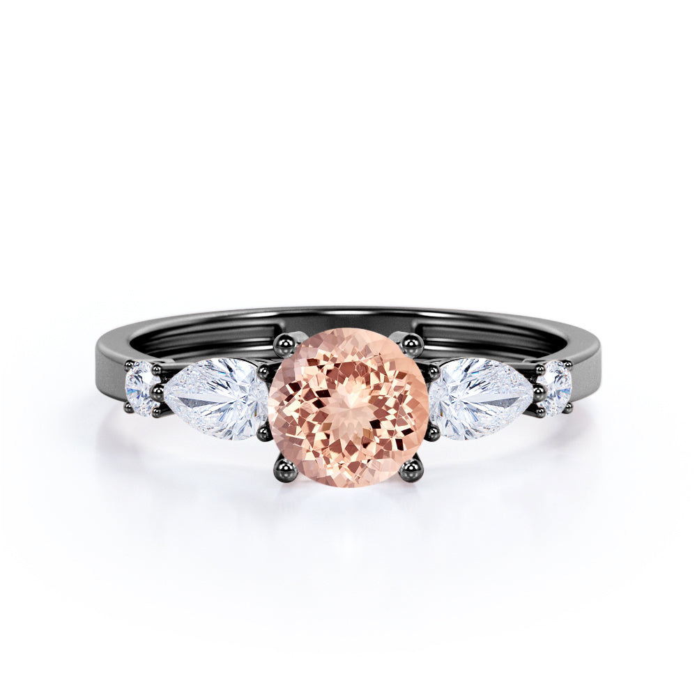 5 lucky stones 1.2 carat Round cut Peach Morganite and diamond antique engagement ring in Rose gold