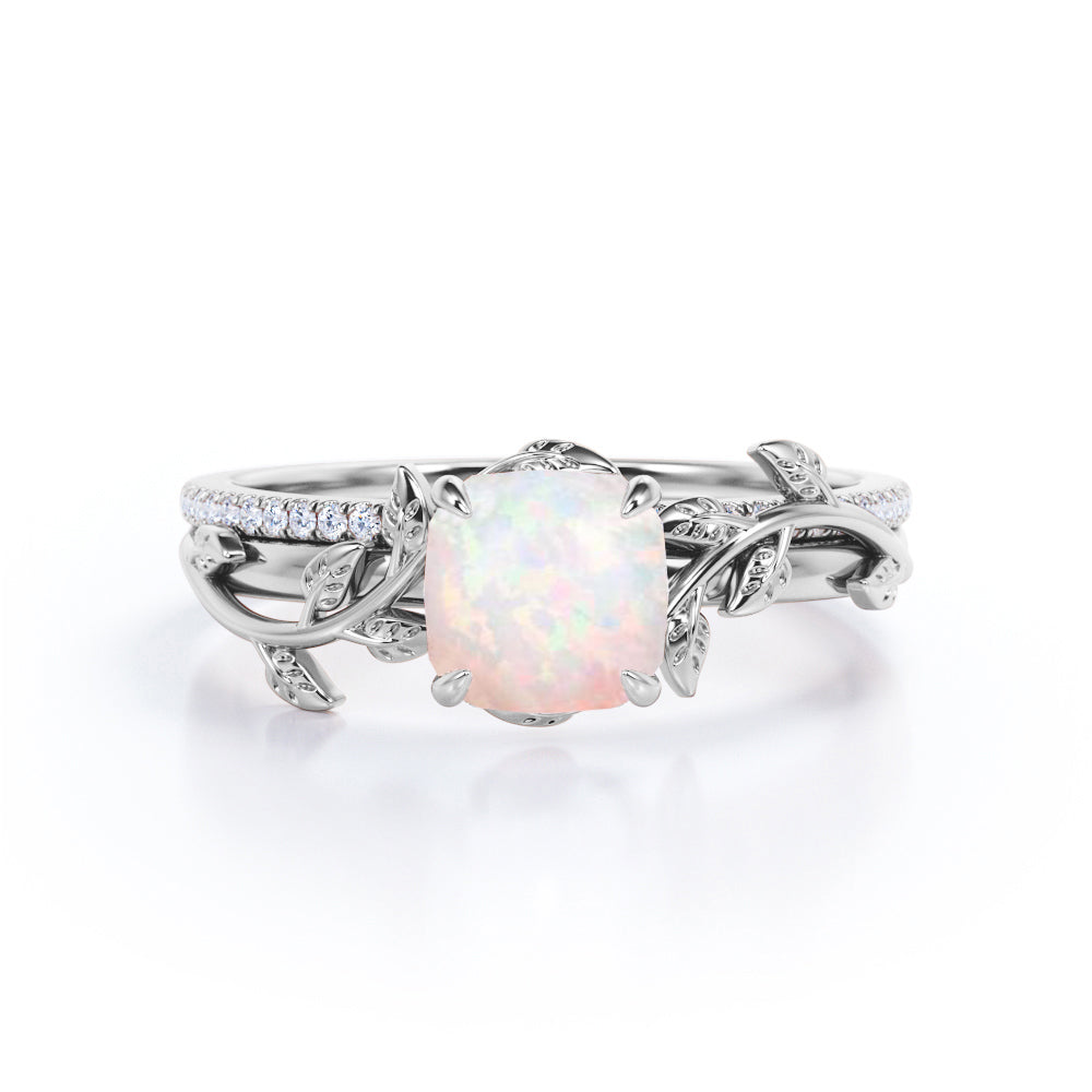 Dainty Vine 1 carat Cushion shaped Fire Opal and diamond wedding Bridal ring set for women