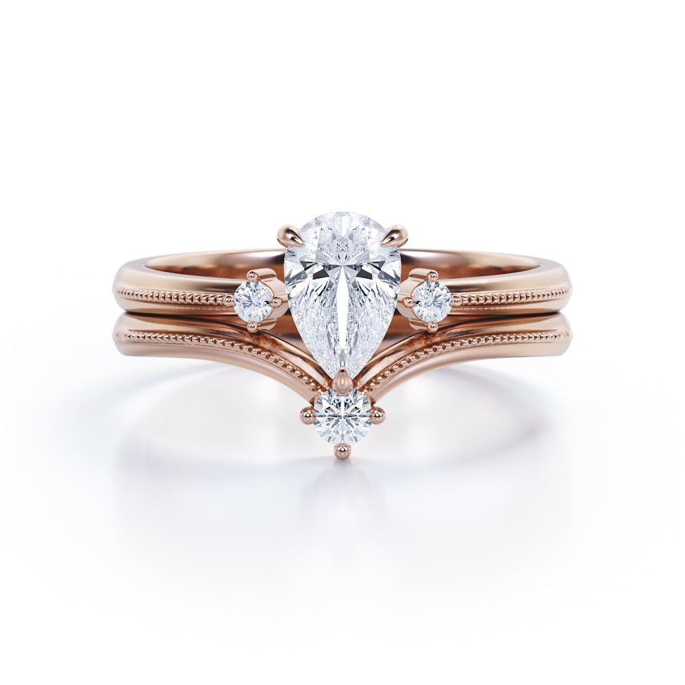 Unique 4 stone 1.1 carat pear cut moissanite and diamond-open ring- milgrain wedding ring set for her