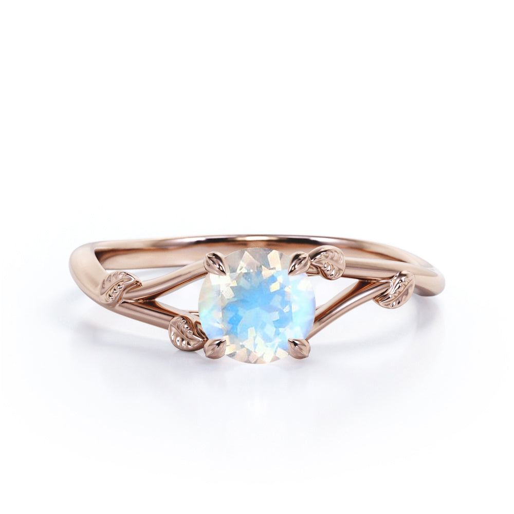 Vine Split Shank 1 carat Round cut Rainbow Moonstone nature inspired engagement ring in Black gold