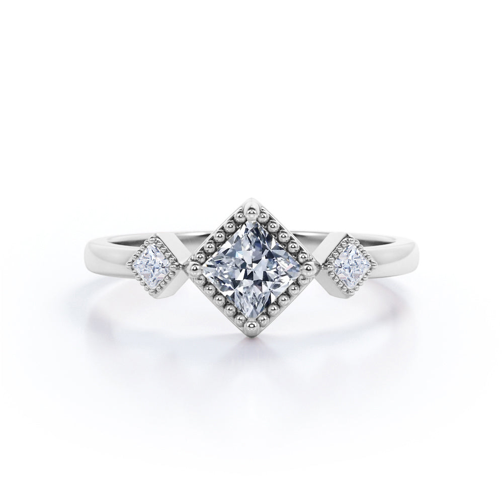 Three stone Bezel set 1.1 carat Princess cut Moissanite and diamond Milgrain wedding ring set for her in White gold