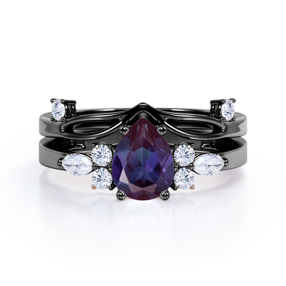 Crown inspired 1.15 carat Pear shaped Synthetic Alexandrite and diamond split shank setting-chevron wedding ring set in Rose gold