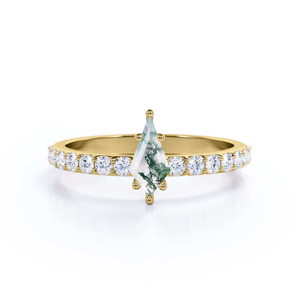 Classic Pave 1.15 carat Kite shaped Moss Agate and diamond 6 prong engagement ring in White gold