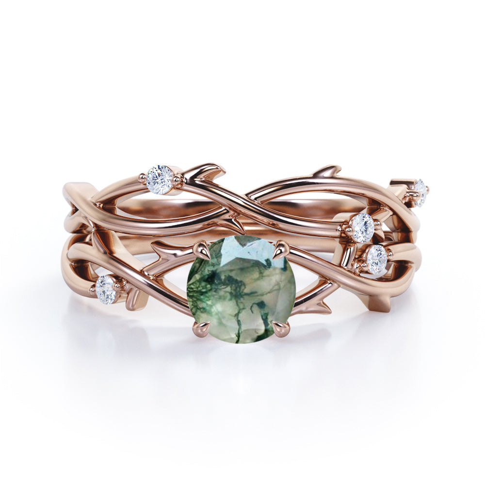 Dainty twig Branch 1.1 carat Round cut Moss Green Agate and diamond floral style wedding ring set in Black gold