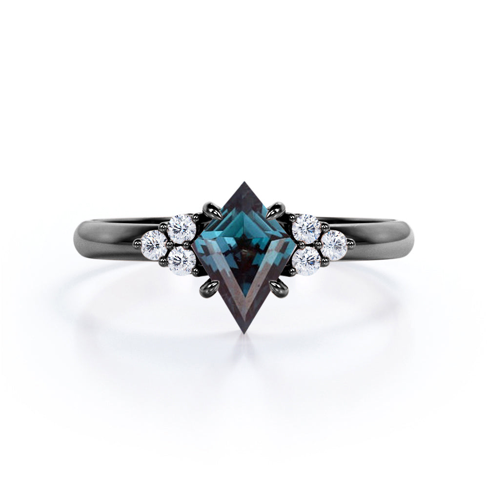 Eccentric Claw prong 1.1 carat Kite shaped Synthetic Alexandrite and diamond multistone engagement ring in Rose gold