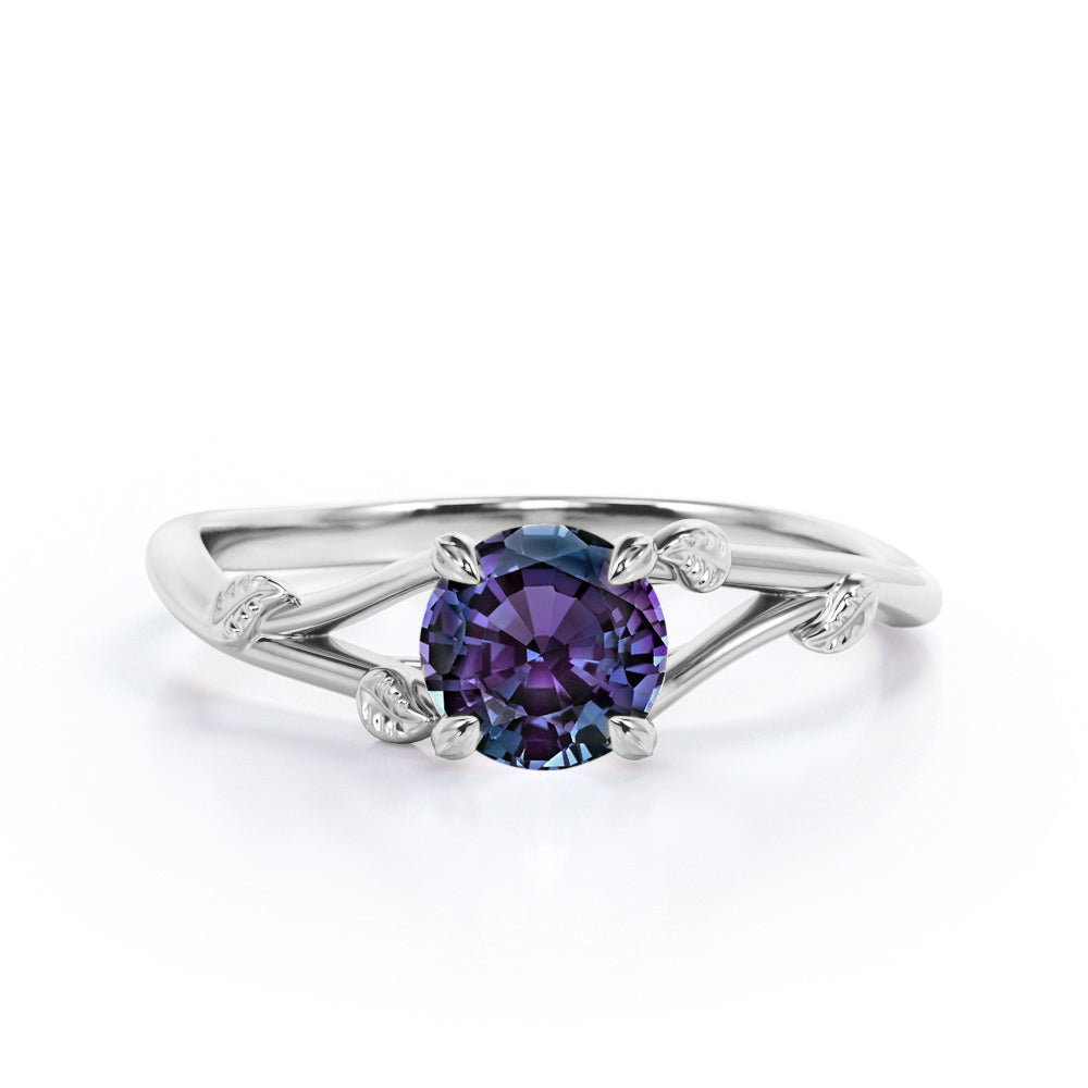Nature inspired 1 carat Round cut Lab created Alexandrite vine split shank engagement ring in Black gold