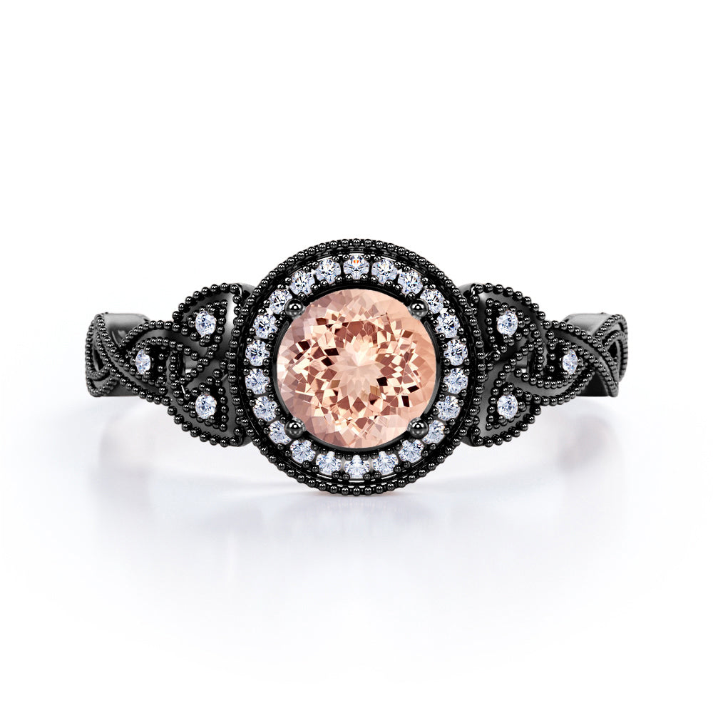 Twisted Vine 1.25 carat Round cut Peach Pink Morganite and diamond milgrain halo engagement ring in White gold