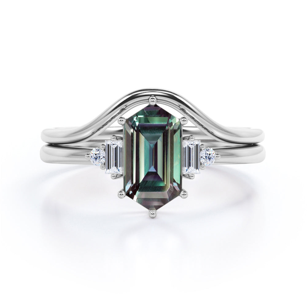 Artistic Prong 1.1 carat Hexagon shaped Alexandrite and diamond plain contoured bridal set in Rose gold