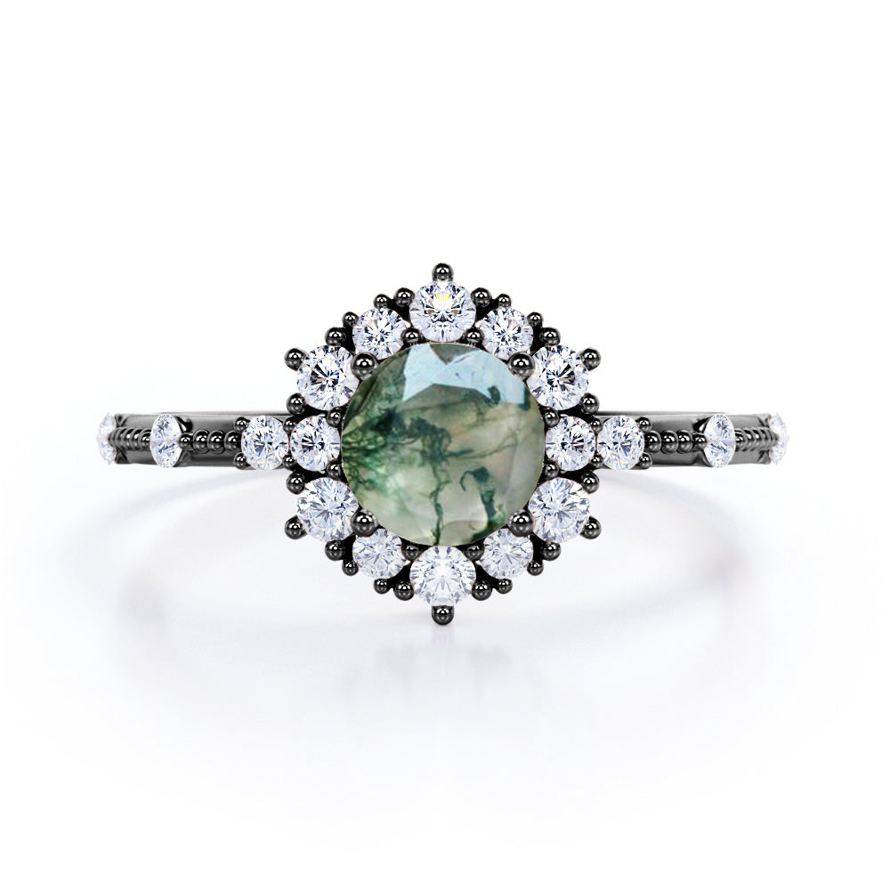 Engraved Vintage 1.25 carat Round cut Moss Green Agate and diamond Edwardian art deco engagement ring in Rose gold