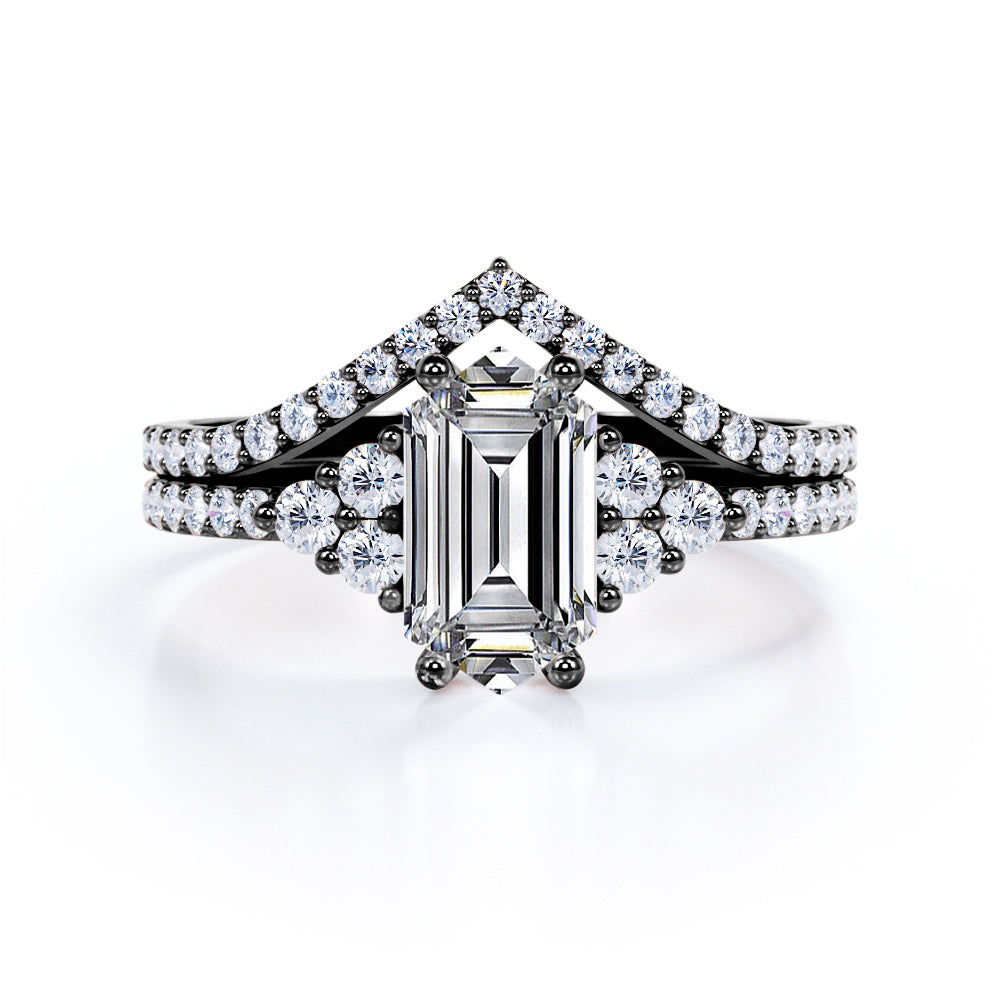 Artistic Contoured 1.5 carat Hexagon shaped Moissanite and diamond 7stone engagement ring in Black gold
