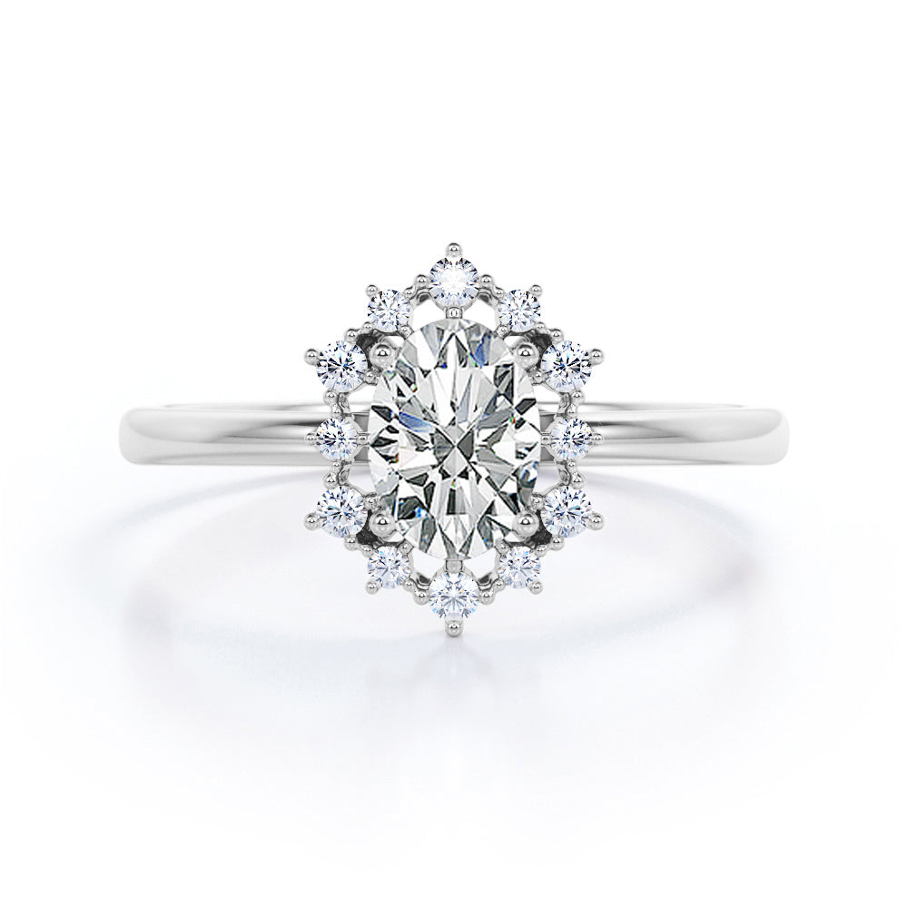 Snowflake cluster 1.25 carat Oval cut Moissanite and diamonds Halo engagement ring in Rose gold
