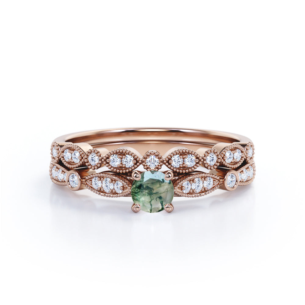 Vintage Milgrain 1 carat Round cut Moss Green Agate and diamond-cathedral setting-Bridal wedding ring set for women in White gold