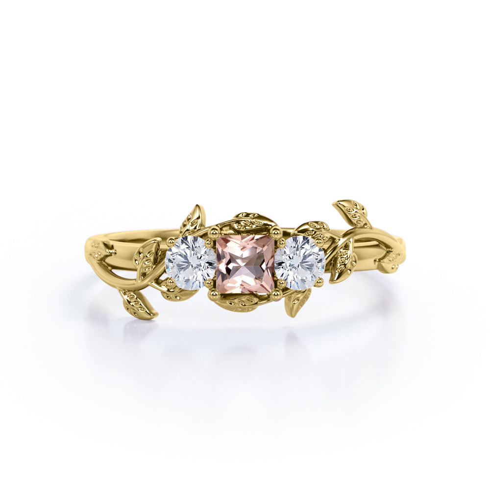 Tristone 1.1 carat Princess cut Morganite and round pave diamonds tree branch engagement ring in White gold