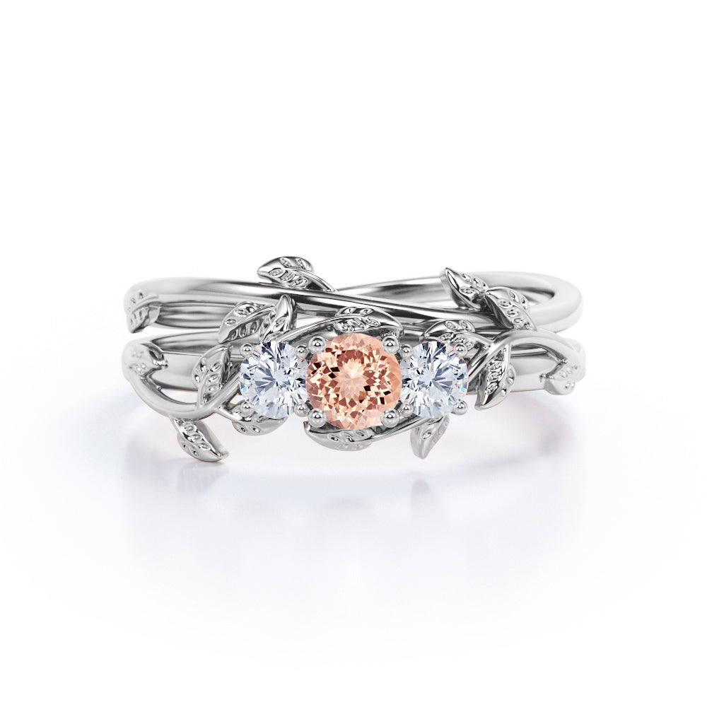 Antique Nature inspired 1.1 carat Round cut Pink Morganite and 2 stone diamond vine wedding ring set in White gold