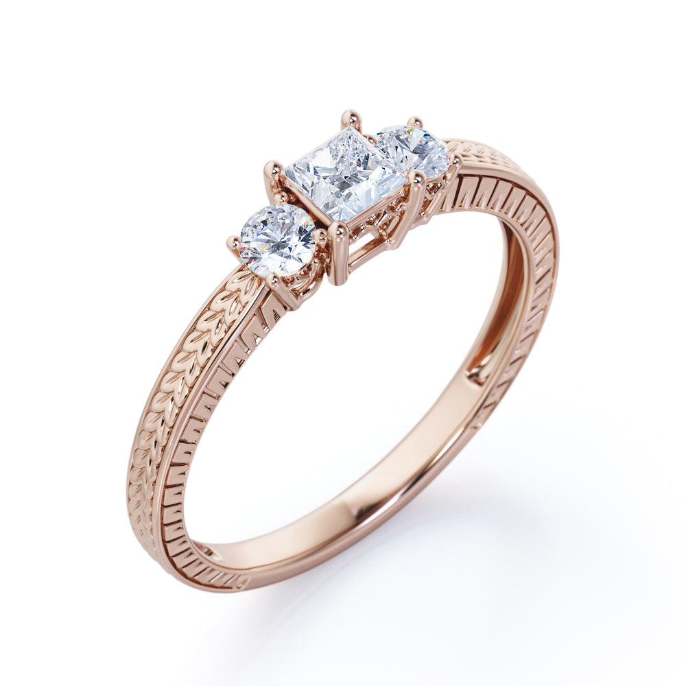 Past, Present and Future 1.1 carat Princess cut Moissanite and diamond Basket set - Filigree wedding ring set for women in gold