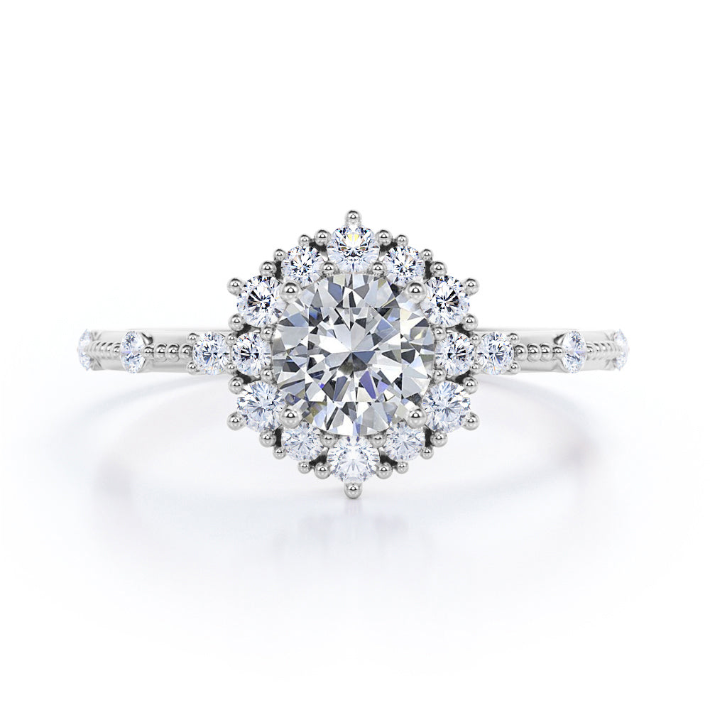 1.2 carat Round cut Moissanite and diamond Milgrain and halo engagement ring for women in rose gold