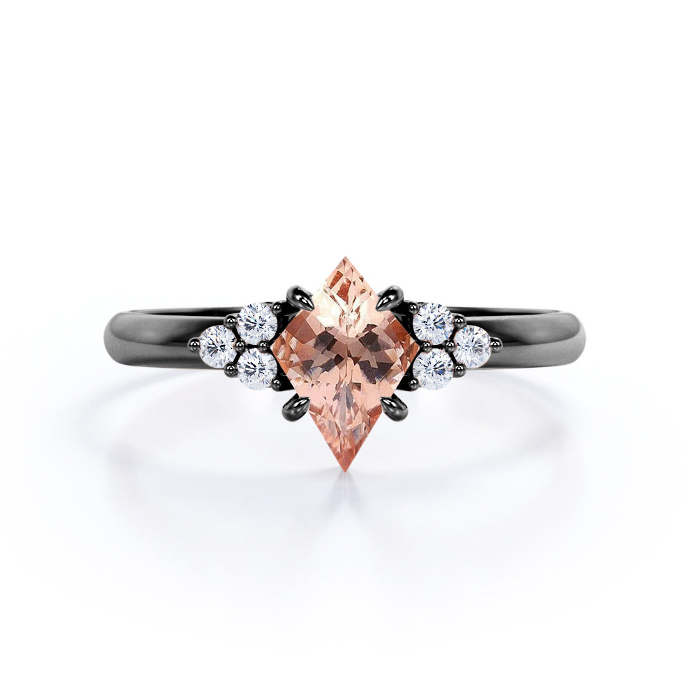 Affordable 1.2 carat Kite shaped Peach Morganite and diamond claw prong engagement ring in Rose gold