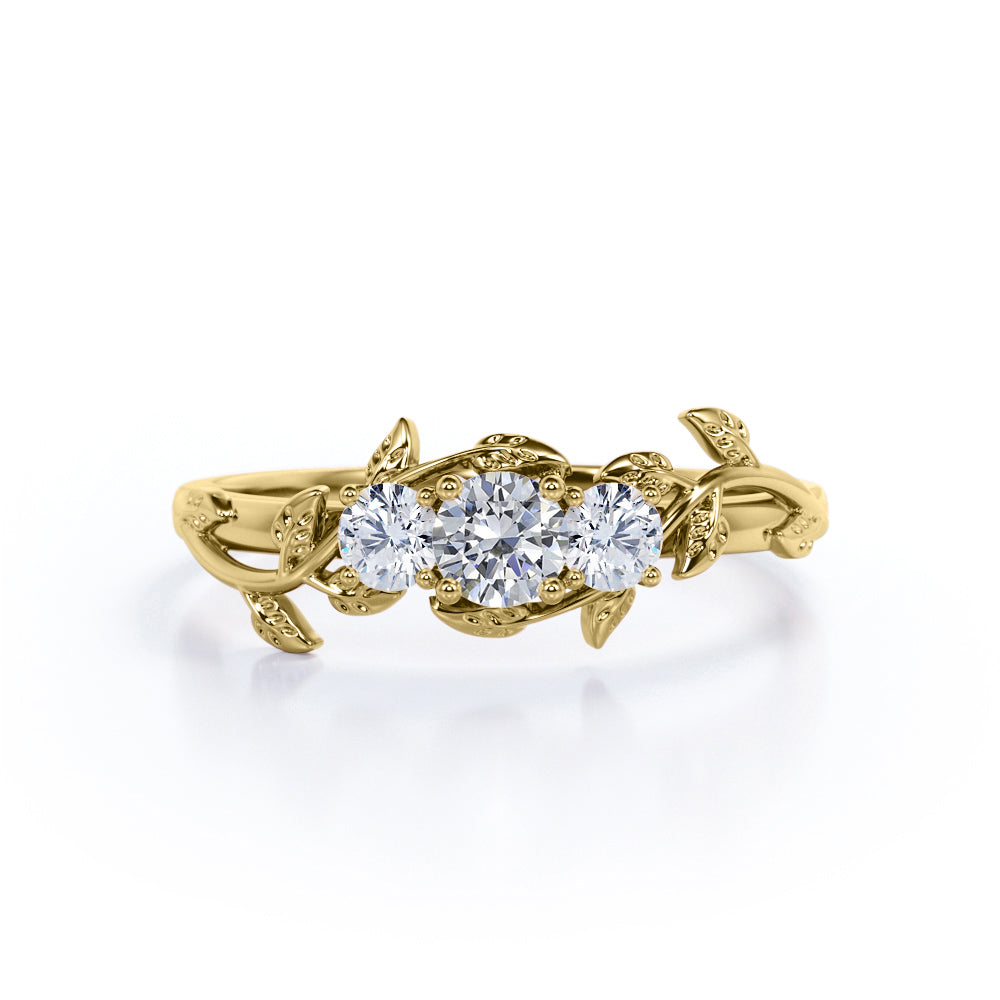 Eccentric Vine and leaf 0.75 carat round cut Moissanite and diamond 3 stone flower ring in White gold- Engagement ring