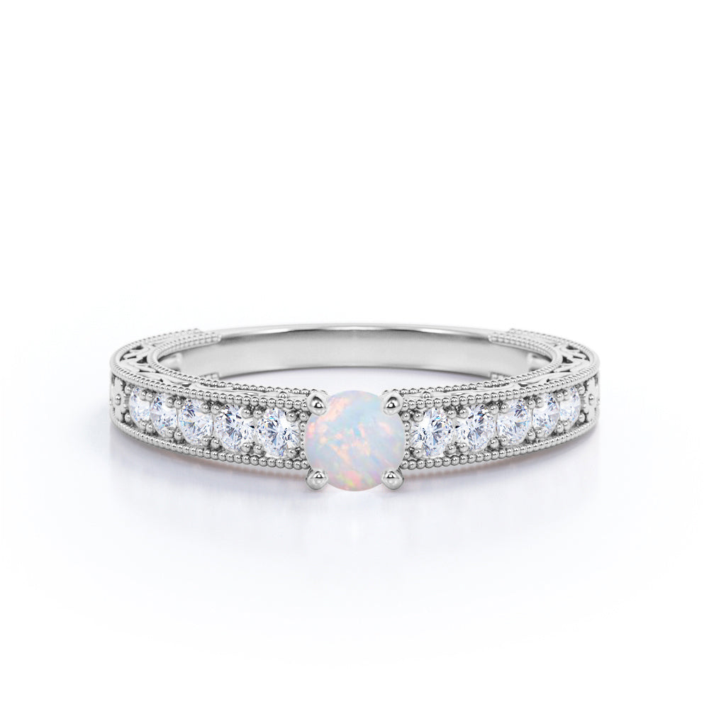 Bead Décor 0.6 carat Round cut Austrlian Opal and diamond channel set engagement ring for her in Rose gold