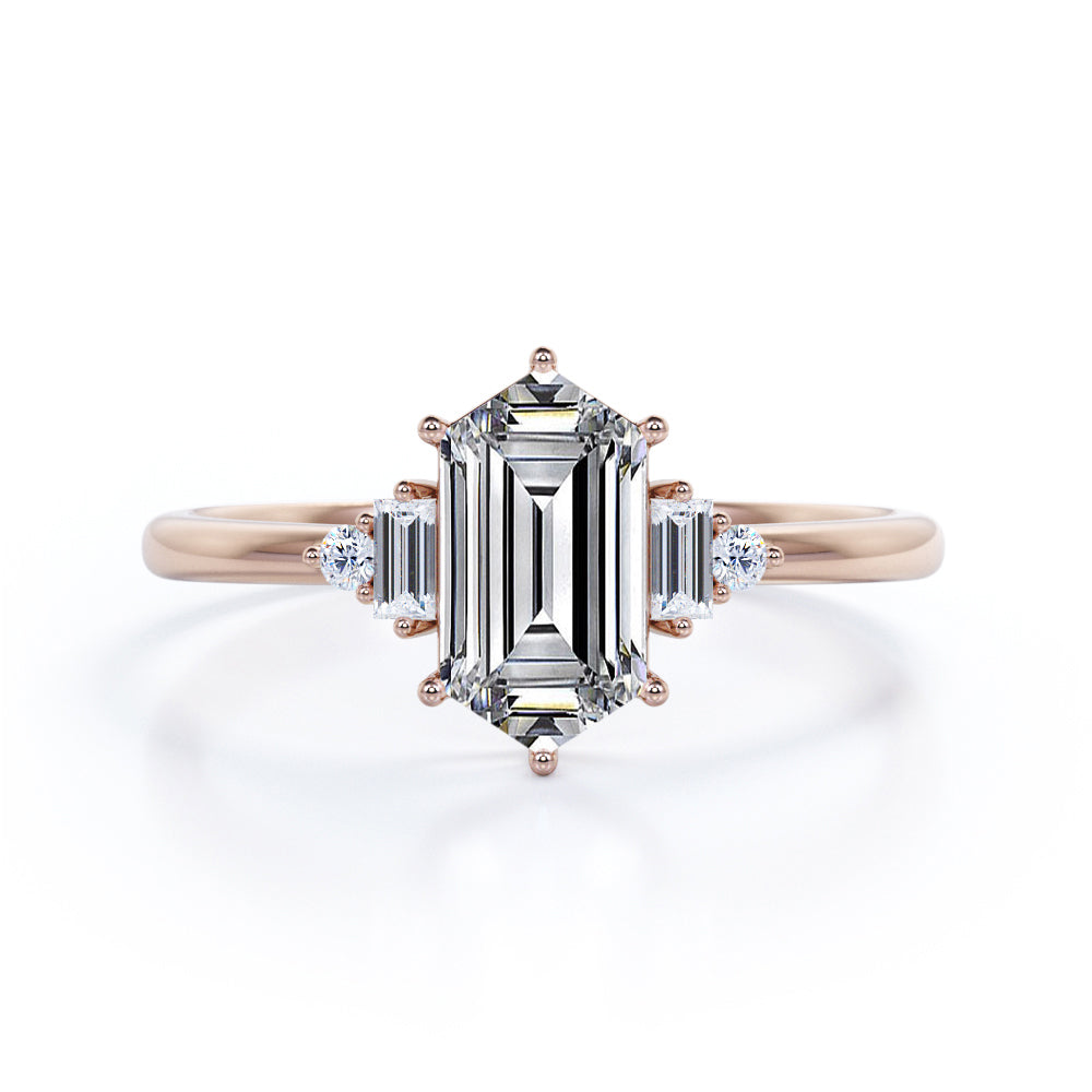 Unique 5 stone 1.1 carat Hexagonal Moissanite and diamonds engagement ring in White gold
