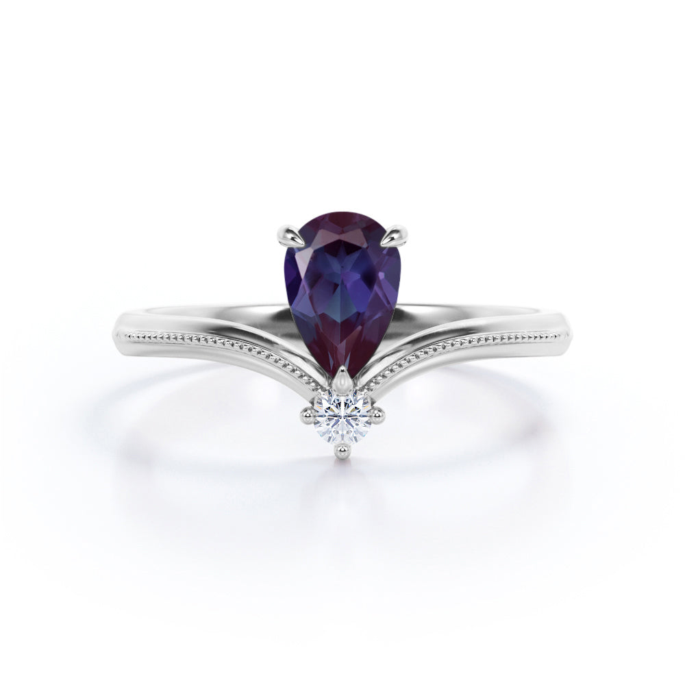 2 stone 1 carat teardrop Synthetic Alexandrite and diamond Milgrain border Wedding ring set for her