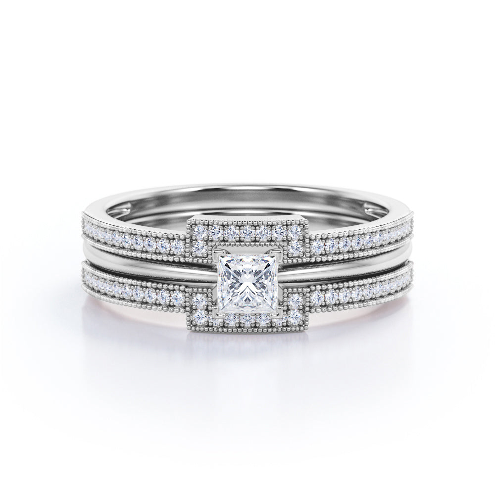 Authentic 1 carat Princess cut Moissanite and diamond halo inspired trio wedding ring set for women in rose gold