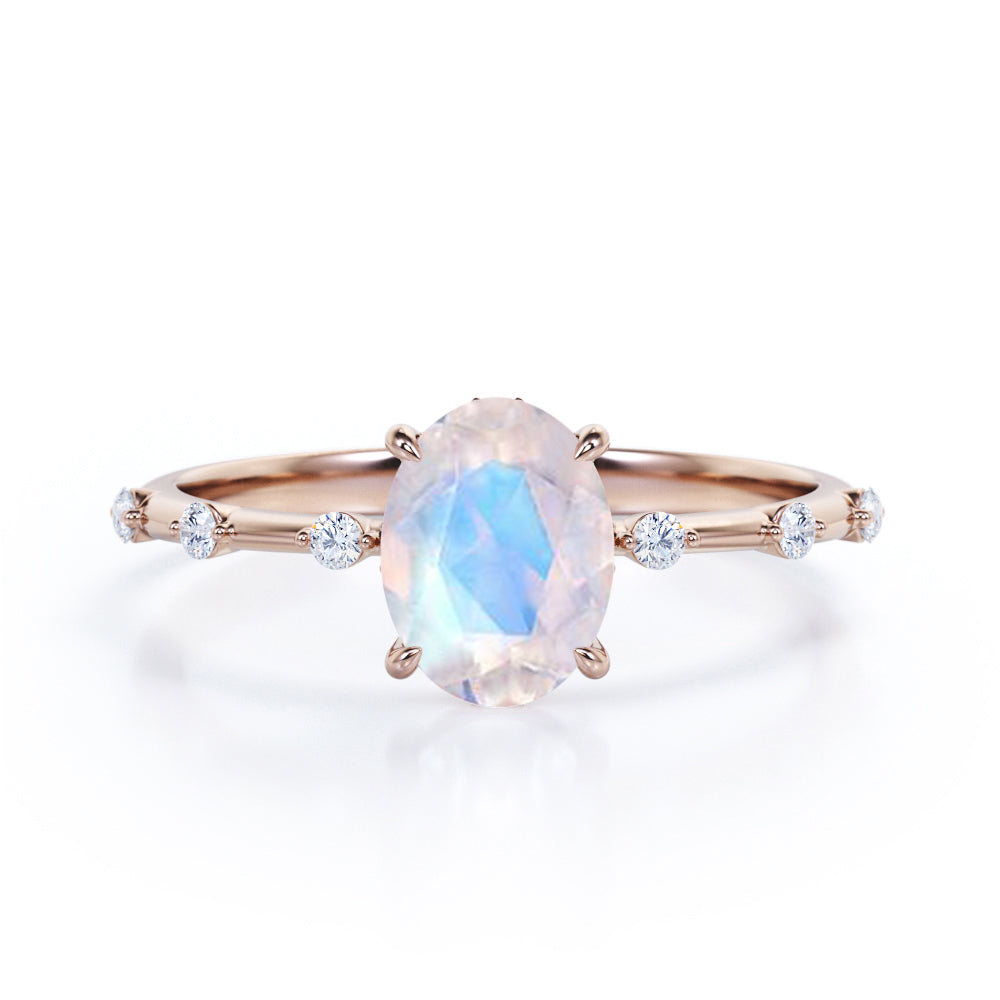 Branch Twig 1.1 carat Oval shaped Moonstone and diamond dainty engagement ring in Black gold