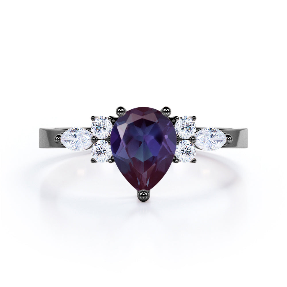 Modern Seven stones 1.15 carat Pear cut Lab created Alexandrite and diamond marquise and dot engagement ring in White gold