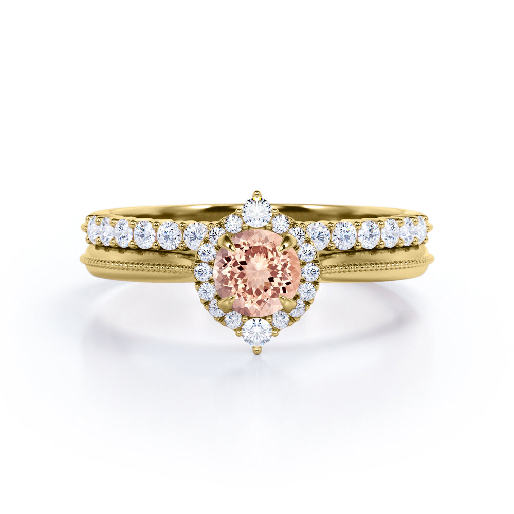 Distinctive halo 1.45 carat Round cut Pink Morganite and diamond Milgrain border engagement ring and bar set wedding band - Bridal wedding set
