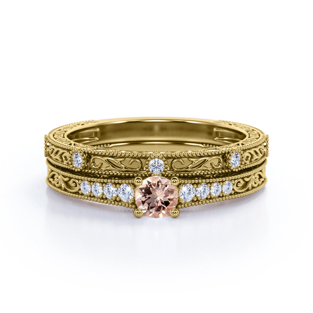 Antique Edwardian Décor 0.65 carat Round cut Peach pink Morganite and Diamond filigree and milgrain wedding ring set in White gold