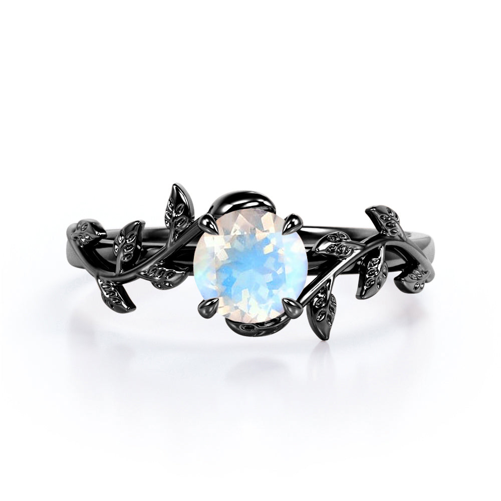 Classic Vine and lead 1 carat Round cut Brilliant Rainbow Moonstone earthy engagement ring in Rose gold