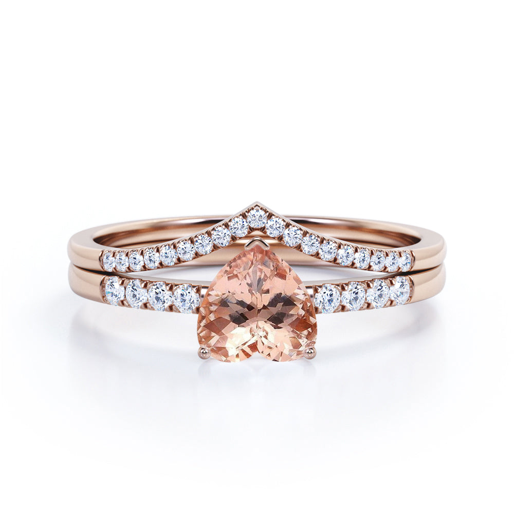 Exquisite Chevron 1.45 carat Heart shaped Morganite and diamond vintage wedding ring set in Black gold