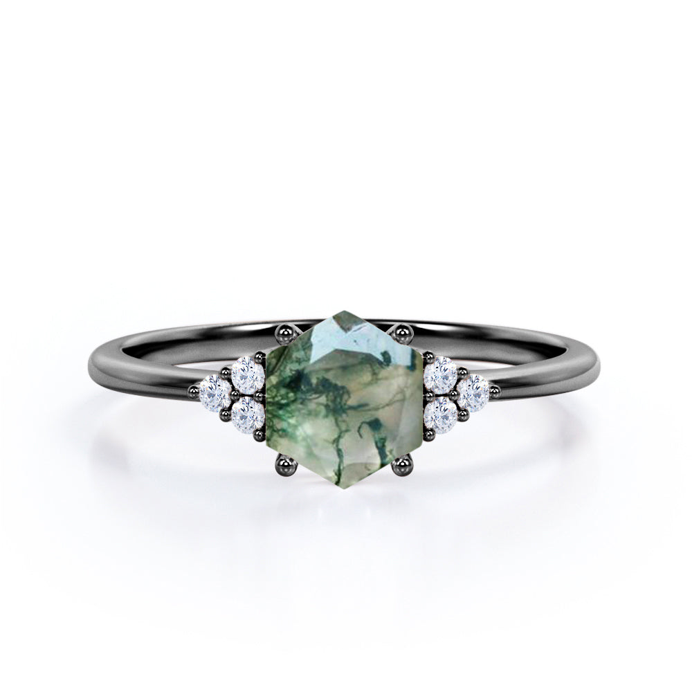 Seven lucky stones 1 carat Hexagon shaped Moss Green Agate and diamond pinched shank engagement ring in White gold